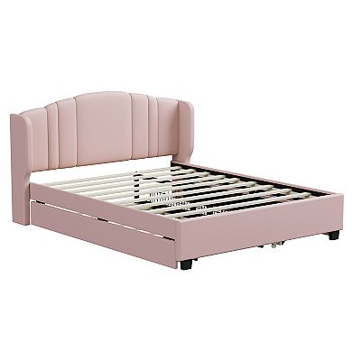 Pnronnc Queen Upholstered Platform Bed w/Wingback Headboard Trundle & Drawers No Box Spring Needed