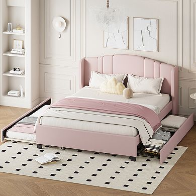 Pnronnc Queen Upholstered Platform Bed w/Wingback Headboard Trundle & Drawers No Box Spring Needed