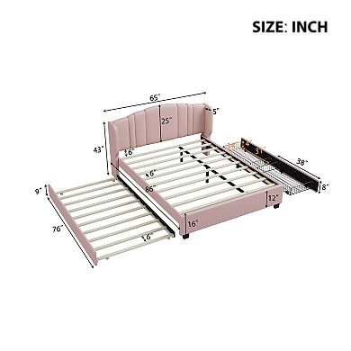 Pnronnc Queen Upholstered Platform Bed w/Wingback Headboard Trundle & Drawers No Box Spring Needed
