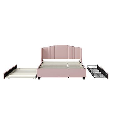 Pnronnc Queen Upholstered Platform Bed w/Wingback Headboard Trundle & Drawers No Box Spring Needed
