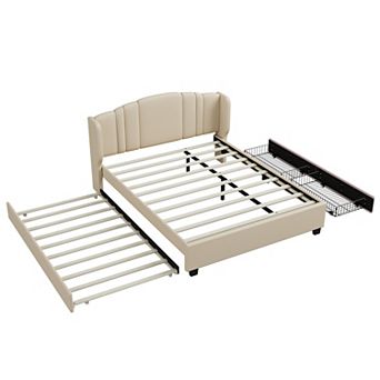 Pnronnc Queen Upholstered Platform Bed w/Wingback Headboard Trundle & Drawers No Box Spring Needed