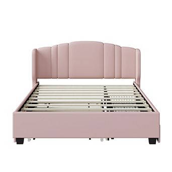 Pnronnc Queen Upholstered Platform Bed w/Wingback Headboard Trundle & Drawers No Box Spring Needed