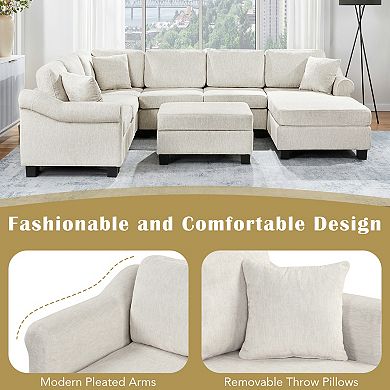Pnronnc U Shaped Sectional Sofa Chenille Upholstered Couch with Movable Storage Ottoman