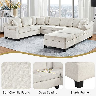 Pnronnc U Shaped Sectional Sofa Chenille Upholstered Couch with Movable Storage Ottoman