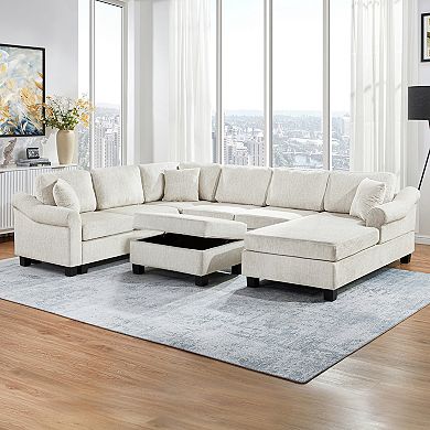 Pnronnc U Shaped Sectional Sofa Chenille Upholstered Couch with Movable Storage Ottoman