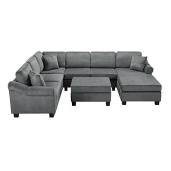 Pnronnc U Shaped Sectional Sofa Chenille Upholstered Couch with Movable Storage Ottoman