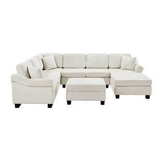 Pnronnc U Shaped Sectional Sofa Chenille Upholstered Couch with Movable Storage Ottoman