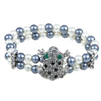 Two Row Faux Pearl Rhinestone Sparkle Cluster Frog Clasp Adjustable Bracelet