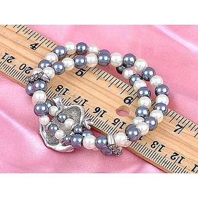 Two Row Faux Pearl Rhinestone Sparkle Cluster Frog Clasp Adjustable Bracelet