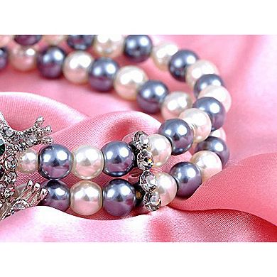 Two Row Faux Pearl Rhinestone Sparkle Cluster Frog Clasp Adjustable Bracelet