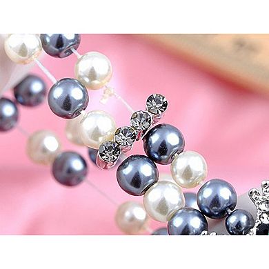 Two Row Faux Pearl Rhinestone Sparkle Cluster Frog Clasp Adjustable Bracelet