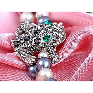 Two Row Faux Pearl Rhinestone Sparkle Cluster Frog Clasp Adjustable Bracelet