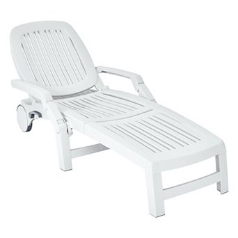 Adjustable Patio Sun Lounger with Wheels and Folding Design in White
