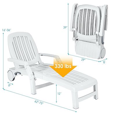 Adjustable Patio Sun Lounger with Wheels and Folding Design in White
