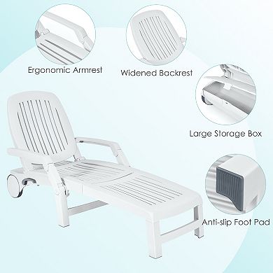 Adjustable Patio Sun Lounger with Wheels and Folding Design in White