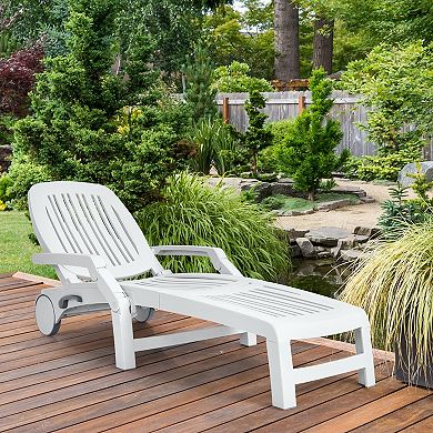 Adjustable Patio Sun Lounger with Wheels and Folding Design in White