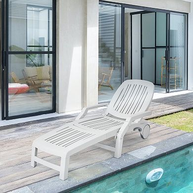 Adjustable Patio Sun Lounger with Wheels and Folding Design in White
