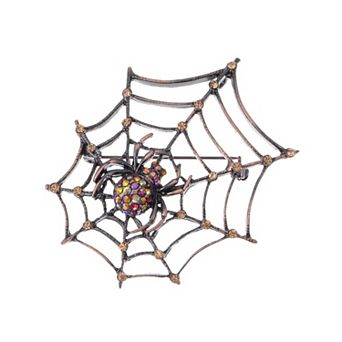 Copper Tone Light Topaz Colored Rhinestones Antique Spider Web Brooch Pin
