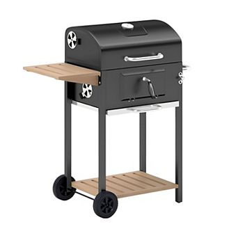 Charcoal BBQ Grill with Side Table, Bottom Shelf and Lid Thermometer for Patio Backyard