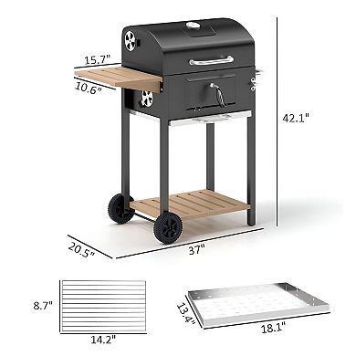 Charcoal BBQ Grill with Side Table, Bottom Shelf and Lid Thermometer for Patio Backyard