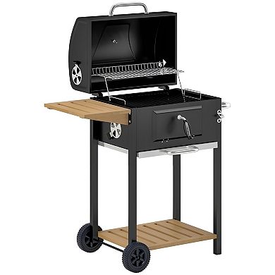 Charcoal BBQ Grill with Side Table, Bottom Shelf and Lid Thermometer for Patio Backyard