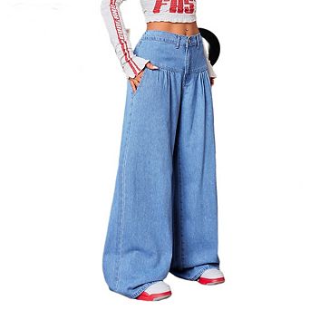 Women's Wide Leg High Waist Baggy Denim Jeans Pleated Loose Boho Chic Denim Pants With Pockets