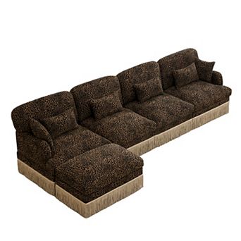 Pnronnc L-Shaped Sectional Sofa Leopard Print Chenille Modular Deep Seat Couch with Ottoman
