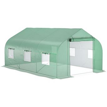Walk-In Garden Greenhouse with 6 Mesh Windows, Roll-Up Door, Steel Frame