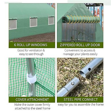 Walk-In Garden Greenhouse with 6 Mesh Windows, Roll-Up Door, Steel Frame