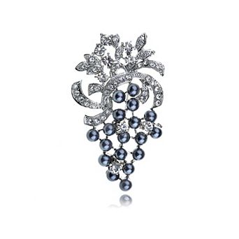 Silvery Tone Shine Clear Rhinestones Faux Pearls Grape Fruit Brooch Pin