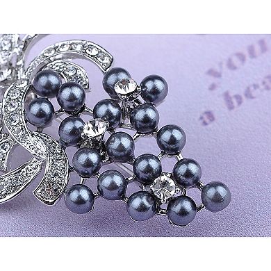 Silvery Tone Shine Clear Rhinestones Faux Pearls Grape Fruit Brooch Pin