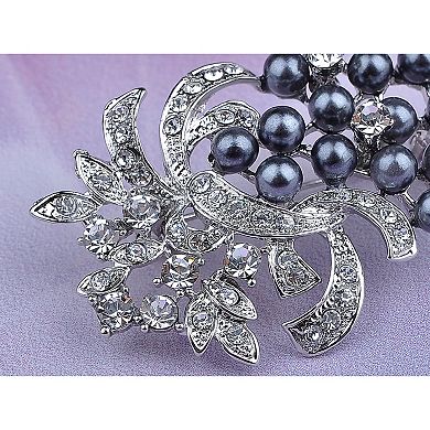 Silvery Tone Shine Clear Rhinestones Faux Pearls Grape Fruit Brooch Pin
