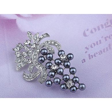 Silvery Tone Shine Clear Rhinestones Faux Pearls Grape Fruit Brooch Pin