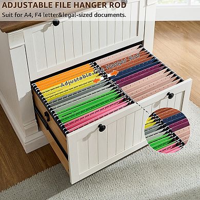 Farmhouse Lateral Filing Cabinet w/2 Drawers and Adjustable Bars, Storage Organizer File Cabinet