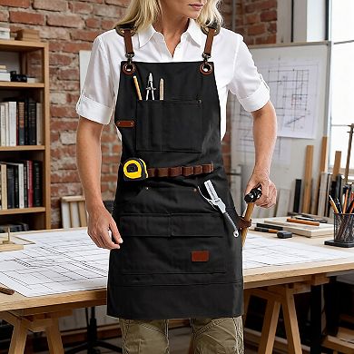 Canvas Work Apron with Multi Pocket Storage Adjustable Cross Back Straps Utility Apron