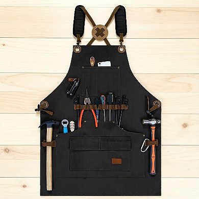 Canvas Work Apron with Multi Pocket Storage Adjustable Cross Back Straps Utility Apron