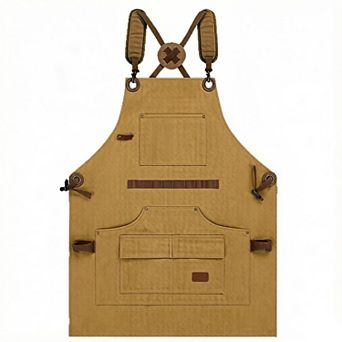 Canvas Work Apron with Multi Pocket Storage Adjustable Cross Back Straps Utility Apron