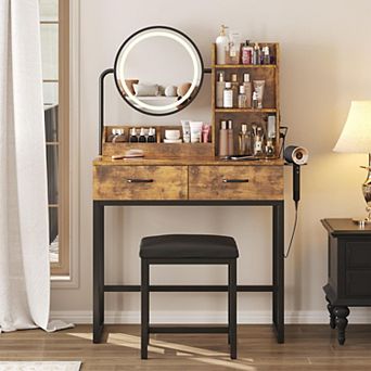 Small Makeup Vanity Desk with Round Mirror and Lights, 3 Color Modes & Open Shelves Vanity Table