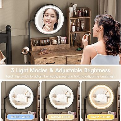 Small Makeup Vanity Desk with Round Mirror and Lights, 3 Color Modes & Open Shelves Vanity Table