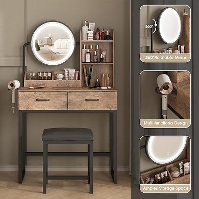 Small Makeup Vanity Desk with Round Mirror and Lights, 3 Color Modes & Open Shelves Vanity Table