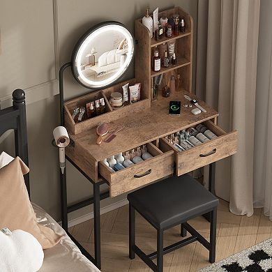 Small Makeup Vanity Desk with Round Mirror and Lights, 3 Color Modes & Open Shelves Vanity Table