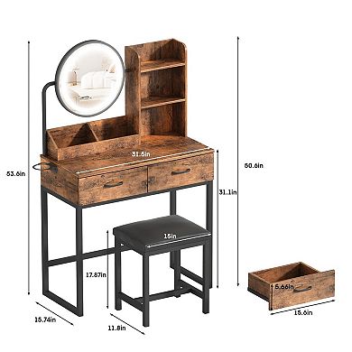 Small Makeup Vanity Desk with Round Mirror and Lights, 3 Color Modes & Open Shelves Vanity Table