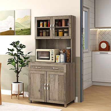 Kitchen Buffet with Hutch and Glass Doors, Dining Room Storage Cabinet