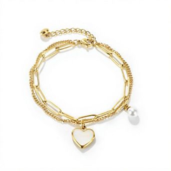 Double Layer Chain Bracelet with Heart Charm Pendant and Smooth Bead Drop Detail