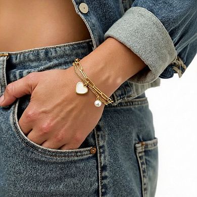 Double Layer Chain Bracelet with Heart Charm Pendant and Smooth Bead Drop Detail
