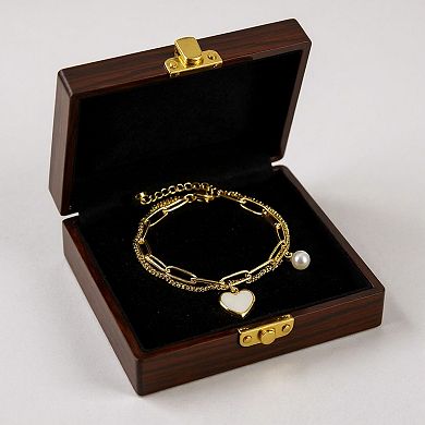 Double Layer Chain Bracelet with Heart Charm Pendant and Smooth Bead Drop Detail
