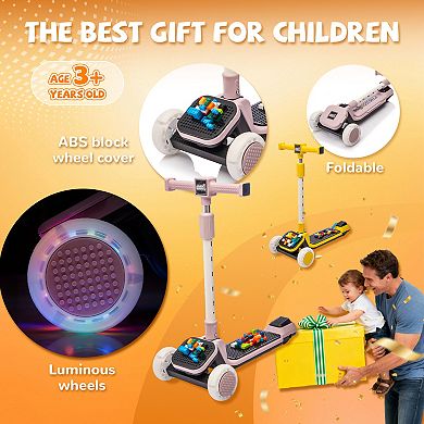 Foldable Kids Ride On 3-Wheel Scooter, with Buildable Blocks, 5-Height Adjustable, Flash Wheels