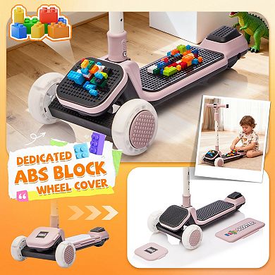 Foldable Kids Ride On 3-Wheel Scooter, with Buildable Blocks, 5-Height Adjustable, Flash Wheels