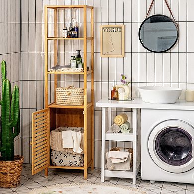 4-Tier Slim Bamboo Floor Storage Cabinet with Shutter Door and Anti-Tip Kit