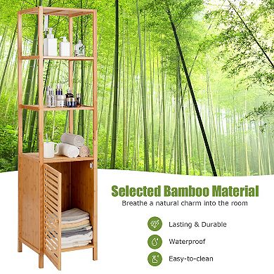 4-Tier Slim Bamboo Floor Storage Cabinet with Shutter Door and Anti-Tip Kit